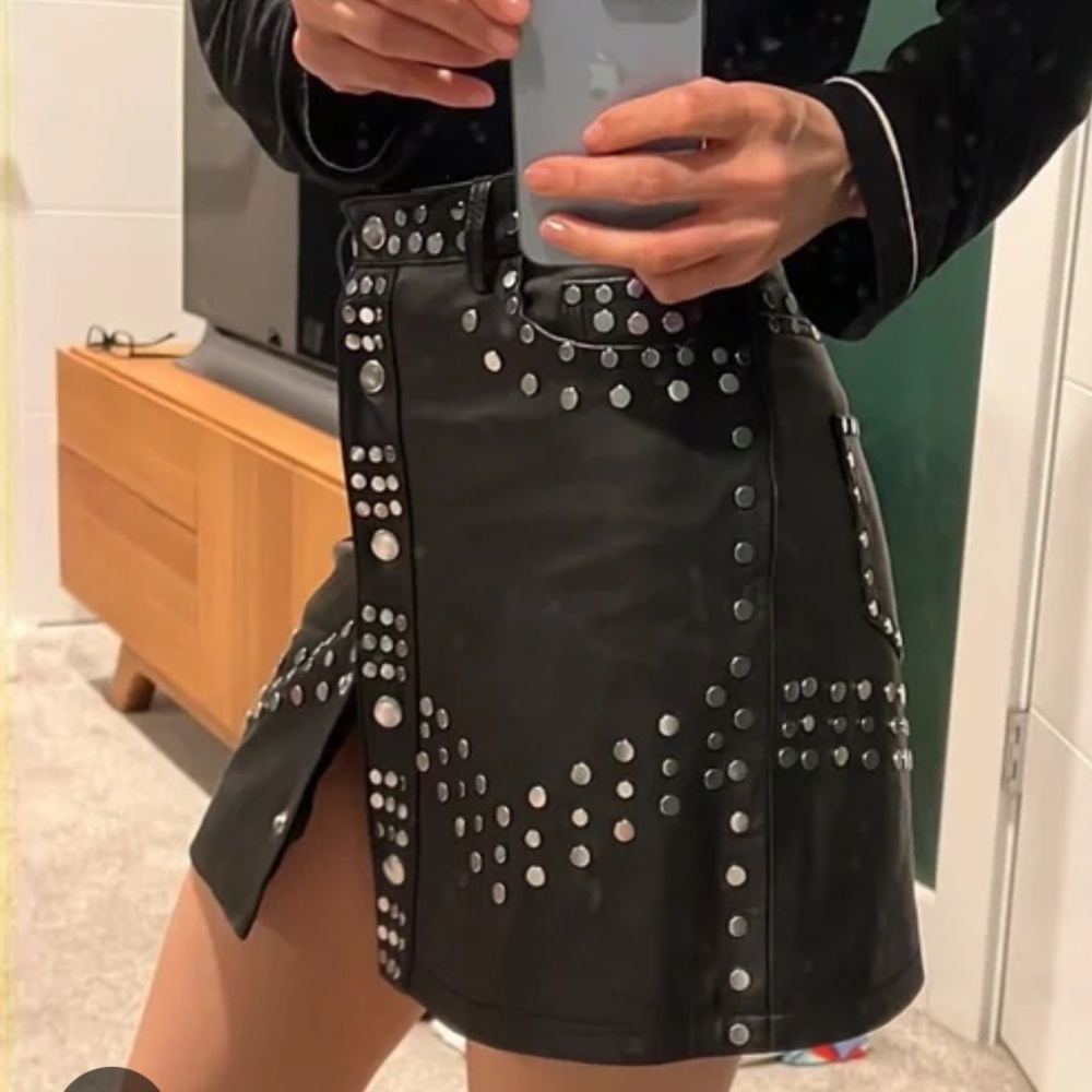 NEW The kooples black leather silver studded button up mini skirt XXS *blogger*